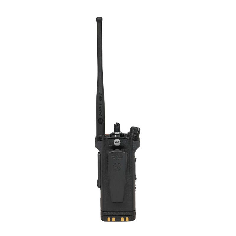 Back of the Motorola APX8000 portable radio with belt clip